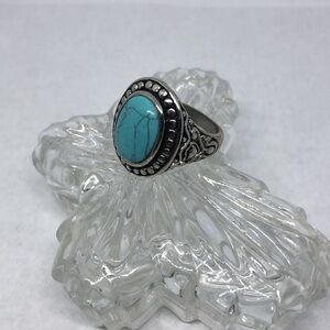 ANTIQUE silver tone faux turquoise costume ring unisex statement